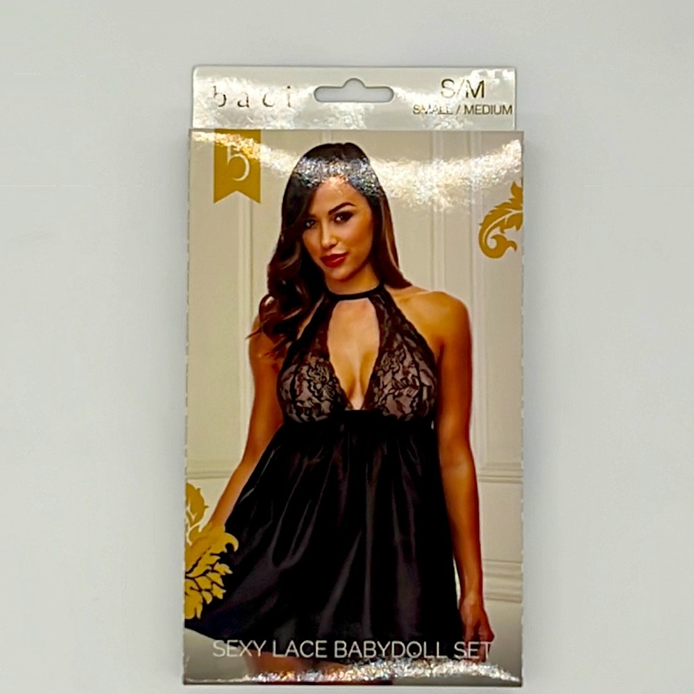 Baci Lingerie Black Lace Babydoll Set NWT Sexy Small/Medium Valentine's Day Gift
